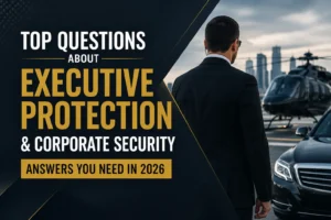 Professional executive protection specialist standing near a luxury vehicle and helicopter, representing corporate security and executive protection services in 2026.