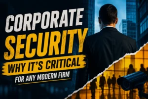 A professional corporate security themed graphic showing a security officer overlooking a modern business environment with surveillance camera visuals and bold text about the importance of corporate security for modern firms.