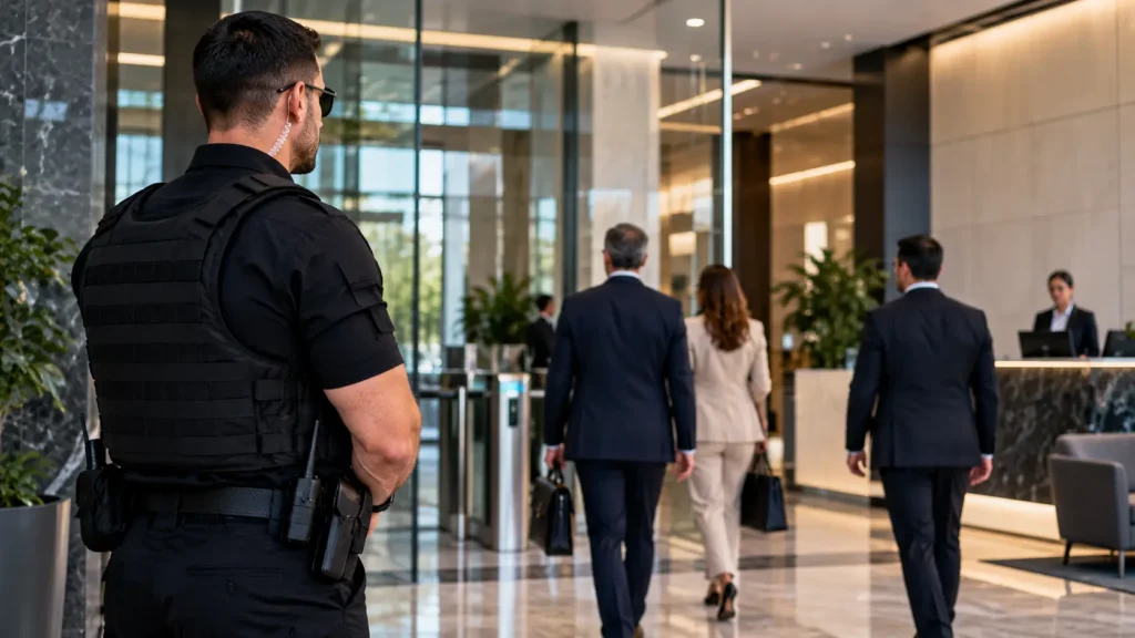 Security professional monitoring a corporate office lobby to support workplace violence prevention in Alexandria, VA.