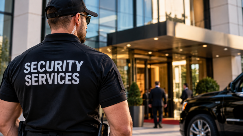 Security professional providing executive protection services in Alexandria, VA, outside a corporate building.